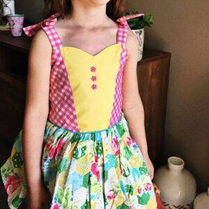 Girls Rosa Flamenco Lemonade Summer Lolly Dress Pink Yellow Patchwork Floral 5/6